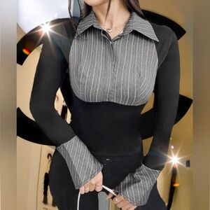 Nwt, Limited Edition Women’s Artdeco  Cuffed Sleeve Pinstriped Blouse